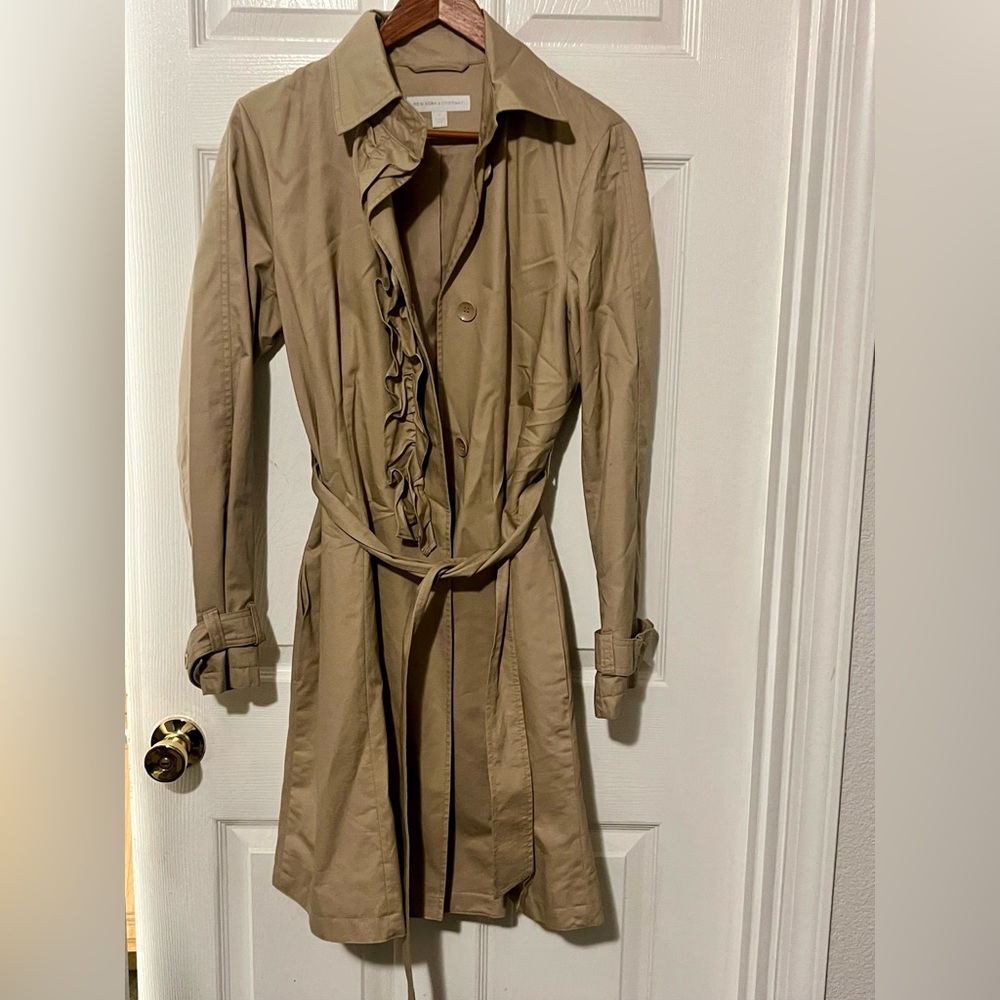 New York & Company Beige Trench Coat with Ruffle Trim